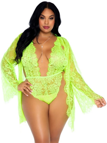 Conjunto de body con bata y mangas acampanadas en V profundo con encaje elástico